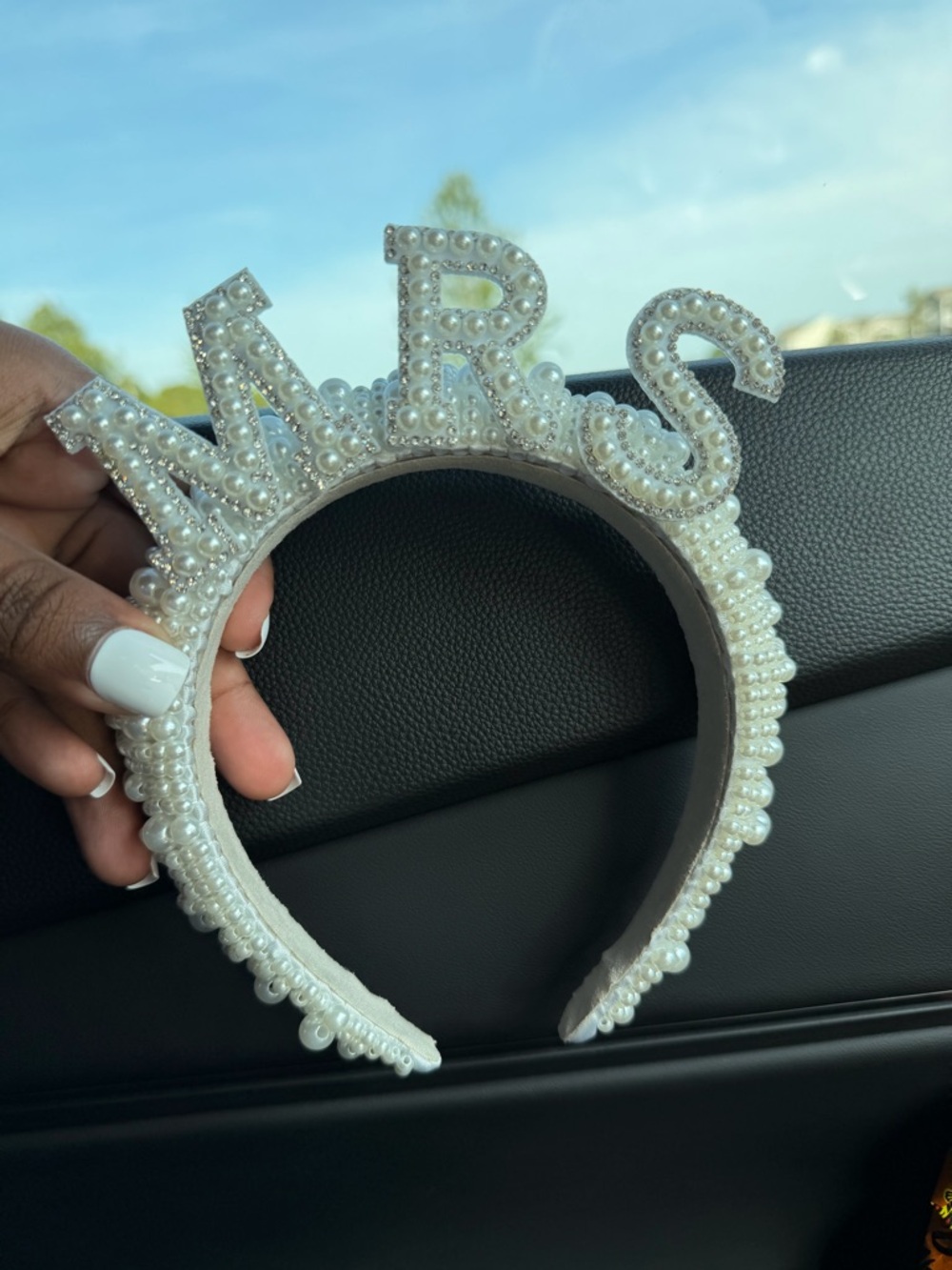 Pearl Embellished 'MRS' Headband - White